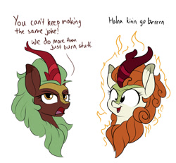 Size: 1300x1200 | Tagged: safe, artist:rocket-lawnchair, imported from derpibooru, autumn blaze, cinder glow, summer flare, kirin, annoyed, cinder glow is not amused, derp, duo, duo female, female, haha money printer go brrr, meme, mismatched eyes, nordic gamer, simple background, white background