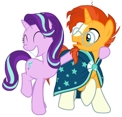 Size: 7300x7000 | Tagged: safe, artist:tardifice, imported from derpibooru, starlight glimmer, sunburst, pony, unicorn, the parent map, ^^, absurd resolution, blaze (coat marking), cloak, clothes, coat markings, duo, eyes closed, facial markings, female, glasses, male, mare, raised hoof, simple background, smiling, socks (coat markings), stallion, sunburst's cloak, sunburst's glasses, transparent background, vector