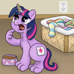 Size: 1962x1962 | Tagged: safe, artist:doodledonutart, imported from derpibooru, twilight sparkle, cat, basket, catified, clothes, fake cutie mark, fake horn, food bowl, open mouth, simon's cat, socks, solo, species swap, striped socks, twilight cat