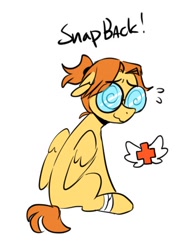Size: 410x530 | Tagged: safe, artist:redxbacon, imported from derpibooru, oc, oc only, oc:snap back, pegasus, pony, bandage, eyebrows, eyebrows visible through hair, female, glasses, looking back, mare, pegasus oc, ponytail, rear view, simple background, sitting, solo, swirly eyes, white background