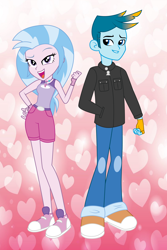 Size: 2602x3890 | Tagged: artist needed, safe, artist:lhenao, imported from derpibooru, gallus, silverstream, equestria girls, duo, equestria girls-ified, female, gallstream, grin, hand in pocket, hand on hip, heart, heart background, high res, male, open mouth, open smile, shipping, show accurate, smiling, straight, vector