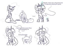 Size: 2328x1692 | Tagged: safe, artist:moonatik, imported from derpibooru, part of a set, nightmare moon, oc, oc:selenite, alicorn, bat pony, pony, alternate hairstyle, alternate timeline, bat pony oc, chess, chess piece, chessboard, clothes, comic, dialogue, dress, female, jewelry, limited palette, mare, missing accessory, new lunar millennium, nightmare takeover timeline, simple background, sketch, surprised, tiara