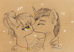 Size: 2894x2039 | Tagged: safe, artist:lailyren, imported from derpibooru, oc, oc only, pegasus, pony, unicorn, ear fluff, heart, heart eyes, high res, hug, jewelry, kissing, male, pendant, ponytail, ring, stallion, wingding eyes, winghug, wings