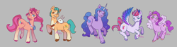 Size: 4724x1272 | Tagged: safe, artist:michinart, imported from derpibooru, hitch trailblazer, izzy moonbow, pipp petals, sunny starscout, zipp storm, earth pony, pegasus, pony, unicorn, blushing, critter magnet, female, g5, gray background, grin, high res, looking at you, male, mane five (g5), mare, my little pony: a new generation, open mouth, open smile, raised hoof, simple background, smiling, smiling at you, spread wings, stallion, wings