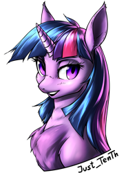 Size: 1100x1500 | Tagged: safe, artist:just_tenth, imported from derpibooru, twilight sparkle, pony, unicorn, bust, chest fluff, collaboration:too many twilight, female, looking at you, mare, portrait, simple background, solo, transparent background