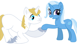 Size: 1280x739 | Tagged: safe, artist:santi0095, imported from derpibooru, prince blueblood, trixie, pony, unicorn, bluetrix, duo, female, grin, male, mare, shipping, show accurate, simple background, smiling, stallion, straight, transparent background