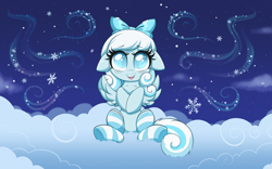 Size: 3452x2160 | Tagged: safe, artist:confetticakez, imported from derpibooru, oc, oc only, oc:snowdrop, pegasus, pony, blushing, bow, chest fluff, clothes, cloud, eyebrows, eyebrows visible through hair, female, filly, floppy ears, hair bow, high res, open mouth, open smile, pegasus oc, sitting, smiling, snow, snowflake, socks, solo, spread wings, striped socks, wind, wings