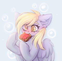 Size: 1246x1224 | Tagged: safe, artist:arisuyukita, imported from derpibooru, derpy hooves, pegasus, pony, blushing, bread, bubble, ear fluff, eating, female, food, herbivore, jam, mare, mouth hold, solo, spread wings, toast, wings