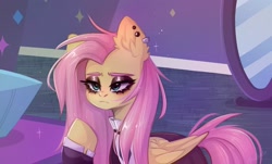 Size: 1852x1121 | Tagged: safe, artist:arisuyukita, imported from derpibooru, fluttershy, pegasus, pony, fake it 'til you make it, ear fluff, eyeshadow, female, fluttergoth, lidded eyes, makeup, solo