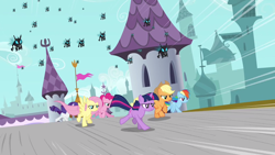 Size: 1280x720 | Tagged: safe, imported from derpibooru, screencap, applejack, fluttershy, pinkie pie, rainbow dash, rarity, twilight sparkle, changeling, earth pony, pegasus, pony, unicorn, a canterlot wedding, season 2, canterlot, chase, female, flag, flapping wings, flying, frown, insect wings, mane six, mare, running, spread wings, unicorn twilight, wings