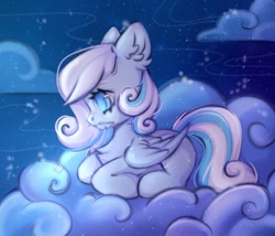 Size: 1480x1264 | Tagged: safe, artist:arisuyukita, imported from derpibooru, oc, oc only, oc:snowdrop, pegasus, pony, chest fluff, cloud, ear fluff, feather, female, filly, lying down, on a cloud, pegasus oc, side view, snow, snowfall, snowflake, solo