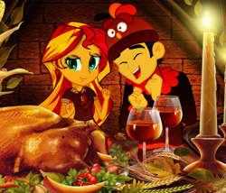 Size: 1280x1097 | Tagged: safe, alternate version, artist:fofurastro, imported from derpibooru, flash sentry, sunset shimmer, bird, turkey, equestria girls, cooked, drink, female, flashimmer, holiday, male, shipping, straight, thanksgiving