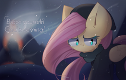 Size: 2500x1600 | Tagged: safe, artist:miryelis, imported from derpibooru, fluttershy, pegasus, pony, clothes, costume, crying, fire, frostpony, frostpunk, generator, hat, snow, solo, teary eyes, text, wind