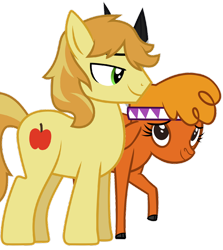 Size: 1280x1434 | Tagged: safe, artist:santi0095, imported from derpibooru, braeburn, little strongheart, buffalo, earth pony, pony, braeheart, female, green eyes, lidded eyes, male, shipping, show accurate, simple background, smiling, stallion, standing, straight, tail, transparent background, two toned mane, two toned tail