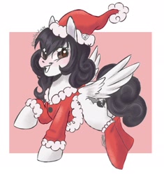 Size: 1772x1889 | Tagged: safe, artist:beyond_inside, imported from derpibooru, oc, oc only, oc:marie, pegasus, pony, christmas, clothes, cute, female, filly, happy, hat, holiday, looking at you, santa hat, smiling, socks, solo, spread wings, wings