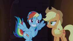 Size: 1920x1080 | Tagged: safe, imported from derpibooru, screencap, applejack, rainbow dash, earth pony, pegasus, pony, castle mane-ia, season 4, applejack's hat, cowboy hat, duo, embarrassed, female, flying, freckles, grin, hat, looking at each other, looking at someone, mare, nervous, nervous grin, smiling, spread wings, stetson, wings