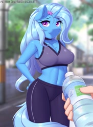 Size: 1163x1600 | Tagged: safe, alternate version, artist:twistedscarlett60, imported from derpibooru, trixie, anthro, human, unicorn, belly button, bottle, breasts, busty trixie, chest fluff, cleavage, clothes, female, hand, looking at you, offscreen character, pants, pov, smiling, solo, sports bra, sweat, tired, water bottle, yoga pants