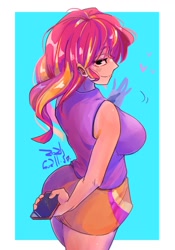 Size: 1400x2000 | Tagged: safe, artist:sozglitch, imported from derpibooru, sunset shimmer, human, ass, big breasts, breasts, bunset shimmer, busty sunset shimmer, butt, cellphone, clothes, floating heart, heart, humanized, lidded eyes, looking at you, looking back, looking back at you, looking over shoulder, phone, skirt, smartphone, smiling, smiling at you, solo, waving