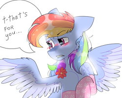 Size: 2560x2048 | Tagged: safe, artist:valkiria, imported from derpibooru, rainbow dash, pegasus, pony, blushing, clothes, cute, dashabetes, eyebrows, eyebrows visible through hair, flower, frown, high res, mouth hold, shiny mane, simple background, socks, solo, speech bubble, spread wings, talking, talking to viewer, tsunderainbow, tsundere, white background, wings