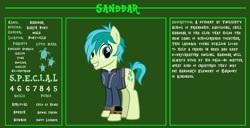 Size: 11720x6000 | Tagged: safe, artist:cheezedoodle96, artist:ponygamer2020, edit, imported from derpibooru, sandbar, earth pony, pony, fallout equestria, bio, clothes, cute, cutie mark, fallout, fallout equestria: character guide, happy, jumpsuit, looking at you, male, pipboy, reference sheet, s.p.e.c.i.a.l., sandabetes, smiling, smiling at you, solo, teenager, vault suit, vector
