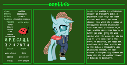 Size: 11720x6000 | Tagged: safe, artist:cheezedoodle96, artist:ponygamer2020, edit, imported from derpibooru, ocellus, changedling, changeling, fallout equestria, bio, clothes, crossed legs, cute, cuteling, diaocelles, fallout, fallout equestria: character guide, female, jumpsuit, looking at you, pipboy, reference sheet, s.p.e.c.i.a.l., shy, smiling, solo, vault suit, vector