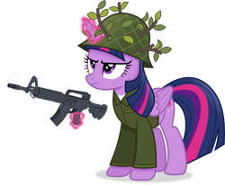 Size: 5137x4242 | Tagged: safe, artist:anime-equestria, imported from derpibooru, twilight sparkle, alicorn, pony, absurd resolution, ar-15, army, assault rifle, clothes, female, glowing, glowing horn, gun, gunsmoke, helmet, insignia, leaves, levitation, long sleeves, m16, machine gun, magic, mare, rifle, shadow, shirt, simple background, soldier, solo, telekinesis, transparent background, tree branch, twilight sparkle (alicorn), undershirt, vector, weapon