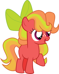 Size: 6066x7569 | Tagged: safe, artist:shootingstarsentry, imported from derpibooru, oc, oc only, oc:apple breeze, earth pony, pony, absurd resolution, bow, earth pony oc, female, filly, foal, freckles, full body, hair bow, multicolored mane, multicolored tail, offspring, open mouth, open smile, parent:big macintosh, parent:sugar belle, parents:sugarmac, raised hoof, show accurate, simple background, smiling, solo, standing, tail, transparent background