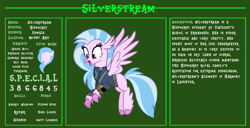 Size: 11720x6000 | Tagged: safe, artist:ponygamer2020, imported from derpibooru, silverstream, classical hippogriff, hippogriff, fallout equestria, bio, claws, clothes, cute, diastreamies, fallout, fallout equestria: character guide, female, flying, full body, happy, jewelry, jumpsuit, necklace, open mouth, pipboy, reference sheet, s.p.e.c.i.a.l., spread wings, vault suit, vector, wings