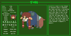 Size: 11720x6000 | Tagged: safe, artist:ponygamer2020, imported from derpibooru, yona, yak, fallout equestria, bio, clothes, cloven hooves, cute, fallout, fallout equestria: character guide, female, jumpsuit, pipboy, reference sheet, s.p.e.c.i.a.l., solo, vault suit, vector, yonadorable