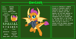 Size: 11720x6000 | Tagged: safe, artist:ponygamer2020, imported from derpibooru, smolder, dragon, fallout equestria, bio, claws, clothes, cute, dragon wings, dragoness, dragons wearing clothes, fallout, fallout equestria: character guide, female, flying, happy, jumpsuit, looking at you, open mouth, pipboy, reference sheet, s.p.e.c.i.a.l., smiling, smiling at you, smolderbetes, solo, teenaged dragon, teeth, vault suit, wings