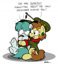 Size: 1024x1145 | Tagged: safe, artist:bobthedalek, imported from derpibooru, oc, oc only, oc:bubble pump, oc:clippy ticket, earth pony, pegasus, pony, comic:trottingham transport, clothes, ear piercing, earring, hat, hearth's warming eve, jacket, jewelry, mistletoe, panic, piercing, sweater, this will end in kisses