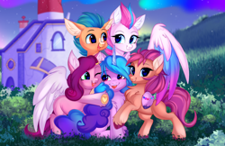 Size: 1342x869 | Tagged: safe, artist:pesty_skillengton, imported from derpibooru, hitch trailblazer, izzy moonbow, pipp petals, sunny starscout, zipp storm, earth pony, pegasus, pony, unicorn, aurora borealis, blurry background, chest fluff, cute, ear fluff, eyebrows, eyebrows visible through hair, female, g5, grass, grass field, heart, heart eyes, hoof heart, lighthouse, male, mane five (g5), mare, my little pony: a new generation, one eye closed, open mouth, open smile, smiling, stallion, underhoof, upside-down hoof heart, wingding eyes