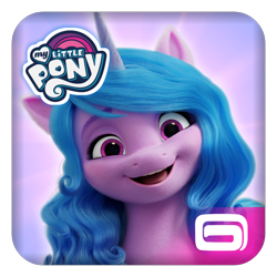 Size: 1400x1400 | Tagged: safe, alternate version, imported from derpibooru, izzy moonbow, pony, unicorn, bust, cute, fake, female, g5, game, gameloft, izzybetes, logo, looking at you, mare, my little pony logo, my little pony: a new generation, open mouth, open smile, simple background, smiling, smiling at you, solo, transparent background