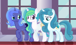 Size: 2252x1342 | Tagged: safe, artist:noctivage, imported from derpibooru, princess celestia, princess luna, queen chrysalis, pony, unicorn, base used, canterlot castle, fanfic, female, siblings, sisters, smiling, students, trio, trio female, walking, worried