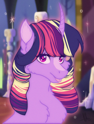 Size: 2603x3418 | Tagged: safe, artist:noctivage, imported from derpibooru, twilight sparkle, alicorn, pony, unicorn, :p, blaze (coat marking), bust, canterlot castle, castle, chest fluff, coat markings, colored pupils, curved horn, eye clipping through hair, eyelashes, facial markings, fanart, female, fluffy, glowing, heart eyes, high res, horn, looking at you, mare, princess, purple eyes, smiling, smiling at you, solo, sparkly eyes, tongue out, twilight sparkle (alicorn), wingding eyes