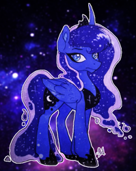 Size: 493x618 | Tagged: safe, artist:noctivage, imported from derpibooru, princess luna, alicorn, pony, colored pupils, ear fluff, ethereal mane, eyebrows, female, folded wings, horn, looking at you, mare, marker drawing, night, royalty, solo, starry mane, traditional art, wings