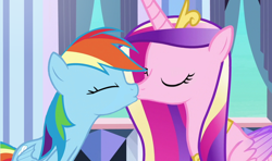 Size: 1046x621 | Tagged: safe, artist:queenderpyturtle, edit, edited screencap, imported from derpibooru, screencap, princess cadance, rainbow dash, alicorn, pegasus, pony, cadash, duo, female, infidelity, kiss on the lips, kissing, lesbian, mare, shipping