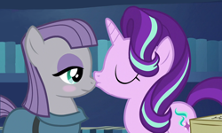 Size: 948x570 | Tagged: safe, artist:queenderpyturtle, edit, edited screencap, imported from derpibooru, screencap, maud pie, starlight glimmer, pony, female, kissing, lesbian, shipping, starmaud