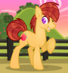 Size: 1790x1922 | Tagged: safe, artist:noctivage, imported from derpibooru, oc, oc only, oc:orchard crisp, earth pony, pony, apple, apple tree, blurry background, colored pupils, farm, fence, food, grin, hill, looking at you, male, one eye closed, outdoors, raised hoof, short tail, sky, smiling, smiling at you, solo, stallion, tail, tree, wink, winking at you