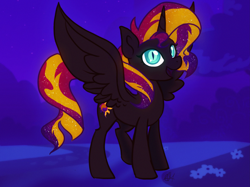 Size: 4267x3200 | Tagged: safe, alternate version, artist:noctivage, imported from derpibooru, sunset shimmer, alicorn, pony, equestria girls, alicornified, alternate design, female, high res, mare, narrowed eyes, night, nightmare, nightmare sunset, nightmarified, open mouth, open smile, race swap, shimmercorn, slit pupils, smiling, solo, spread wings, wings