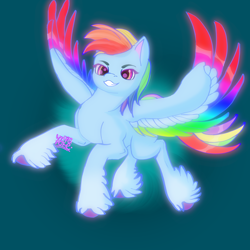 Size: 3000x3000 | Tagged: safe, artist:umbrapone, imported from derpibooru, part of a set, rainbow dash, pegasus, pony, abstract background, colored wings, dark background, faic, feathered fetlocks, flying, g4, g4 to g5, g5, generation leap, high res, multicolored wings, my little pony: a new generation, purple hooves, smug, smugdash, solo, unshorn fetlocks, wings
