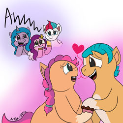 Size: 1080x1080 | Tagged: safe, artist:artyanimated, imported from derpibooru, hitch trailblazer, izzy moonbow, pipp petals, sunny starscout, zipp storm, earth pony, pegasus, pony, unicorn, cute, dialogue, doodle, female, g5, group, heart, male, mane five (g5), shipping, simple background, straight, sunnyhitch, text