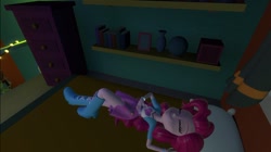 Size: 1024x575 | Tagged: safe, artist:undeadponysoldier, imported from ponybooru, pinkie pie, equestria girls, 3d, bed, blanket, female, gmod, lying down, pillow, shelf, sleeping, solo, sunset's apartment, wardrobe