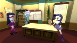 Size: 1024x575 | Tagged: safe, artist:undeadponysoldier, imported from ponybooru, rarity, spike, sunset shimmer, trixie, twilight sparkle, dog, equestria girls, 3d, blinds, chart, desk, female, group, happy, male, office, smiling, spike the dog, window