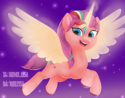 Size: 840x660 | Tagged: safe, artist:twiliysa, imported from derpibooru, sunny starscout, alicorn, pony, female, flying, g5, glow, glowing horn, horn, mare, my little pony: a new generation, race swap, solo, sunnycorn