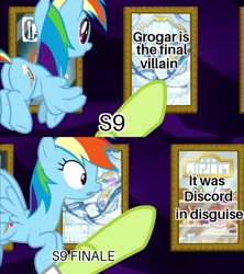 Size: 1080x1217 | Tagged: safe, edit, edited screencap, imported from derpibooru, screencap, granny smith, rainbow dash, earth pony, pegasus, grannies gone wild, season 9, the ending of the end, spoiler:s09, disappointed, flying, hooves, implied discord, implied grogar, meme, offscreen character, pointing, smiling, text, wild blue yonder