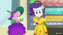 Size: 640x360 | Tagged: safe, imported from derpibooru, screencap, fluttershy, rarity, equestria girls, equestria girls series, holidays unwrapped, spoiler:eqg series (season 2), animated, cornucopia costumes, duo, duo female, female, gif, gifs.com, inflatable, inflatable dress, o come all ye squashful, reference, show accurate, spongebob reference, spongebob squarepants