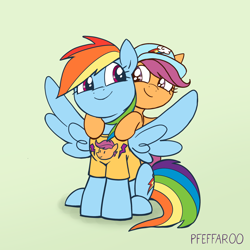Size: 2048x2048 | Tagged: safe, artist:pfeffaroo, color edit, edit, imported from derpibooru, rainbow dash, scootaloo, pegasus, pony, baseball cap, cap, clothes, colored, cute, cutealoo, dashabetes, duo, duo female, female, filly, hat, high res, looking at each other, mare, ponies riding ponies, rainbow dash's cutie mark, riding, scootaloo riding rainbow dash, scootalove, shirt, sibling love, signature, simple background, sisterly love, sitting, smiling, smiling at each other, spread wings, t-shirt, wings