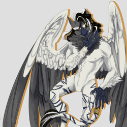 Size: 4000x4000 | Tagged: safe, artist:junne catt, imported from derpibooru, oc, oc:izulu musa, anthro, hippogriff, anthro oc, ear piercing, earring, golden eyes, hippogriff oc, jewelry, piercing, ring, solo, tail, tail ring, wings