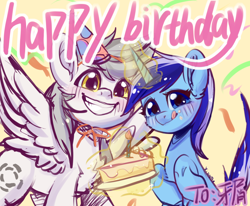 Size: 1200x989 | Tagged: safe, artist:xi wen, imported from derpibooru, minuette, oc, oc:concentric rings, pegasus, pony, unicorn, birthday, birthday cake, cake, candle, chinese, duo, female, food, glowing, glowing horn, happy birthday, hat, horn, male, party hat, teeth